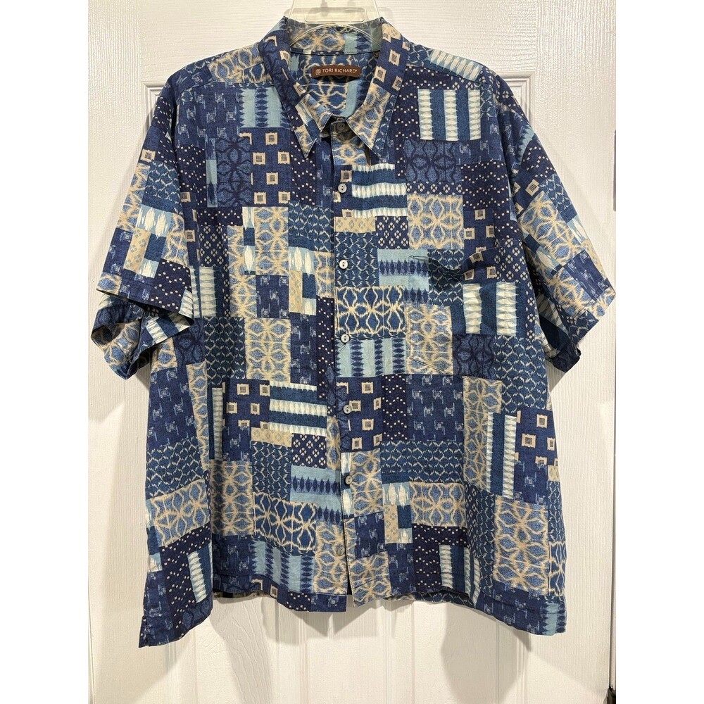 Tori Richard Hawaiian Aloha Shirt Mens 2XL Blue Geometric Cotton Lawn USA
